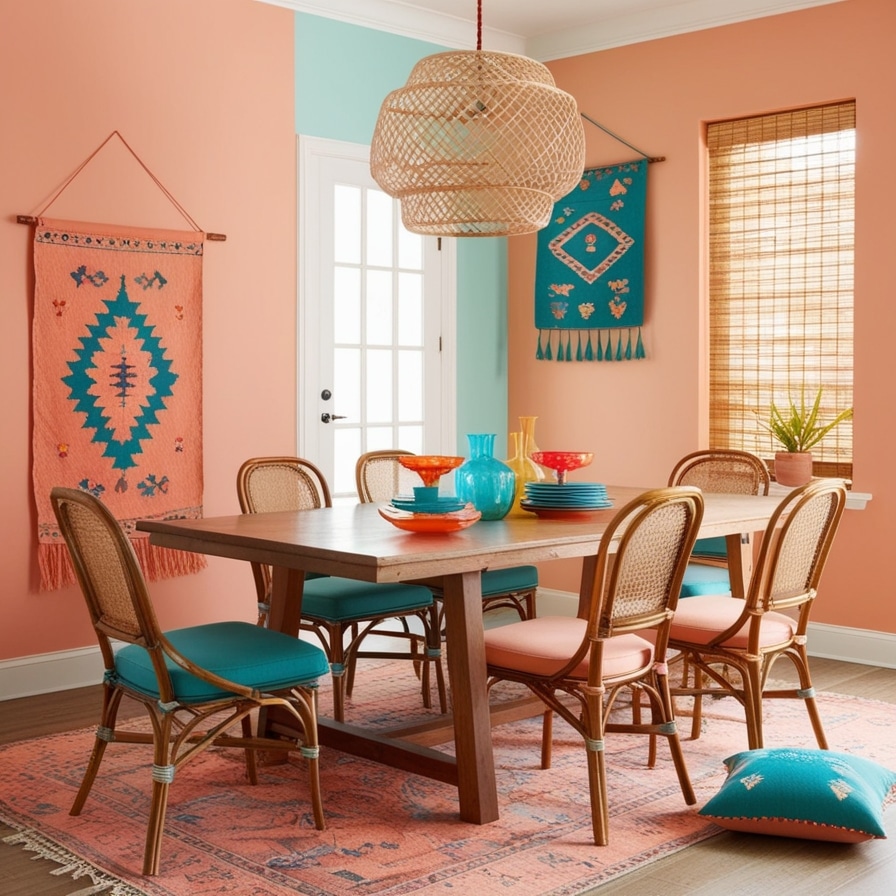 Peach and Teal Palette, Boho Dining Room Decor