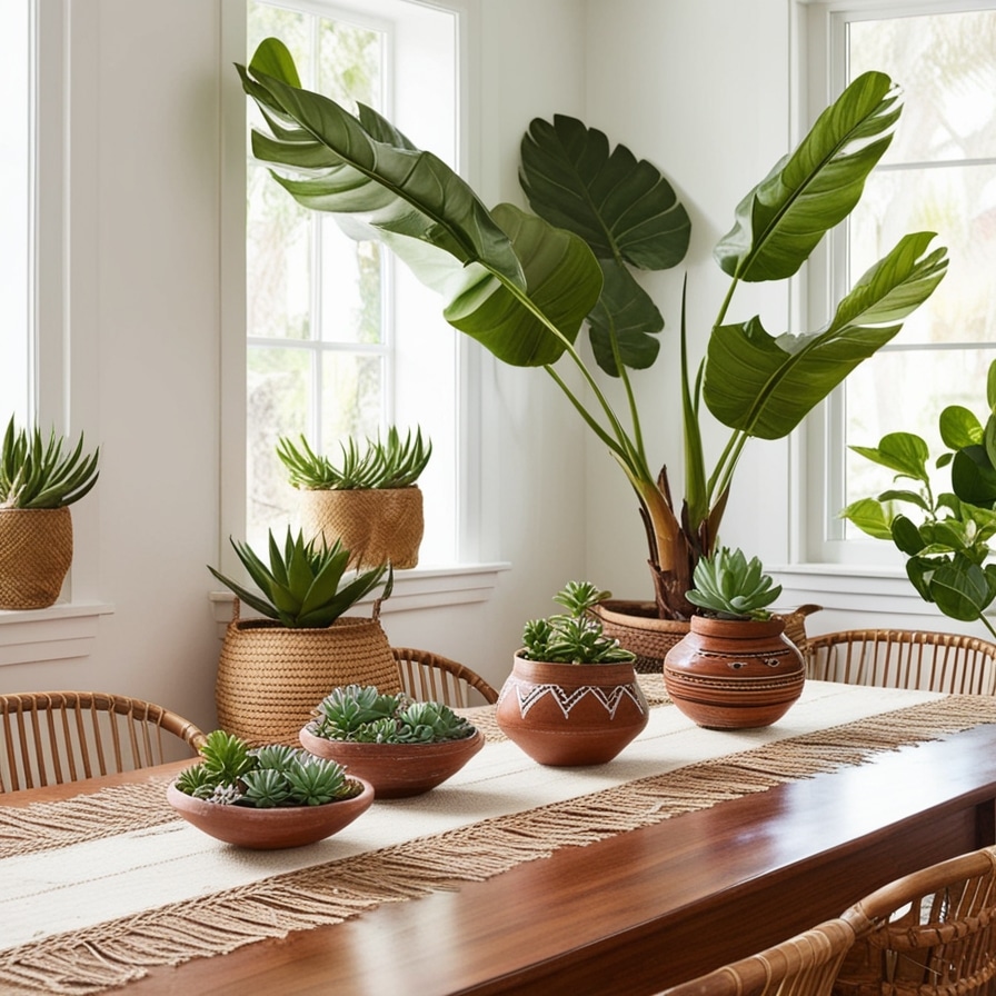 Succulents and Leafy Palms in Boho Dining Room Decor