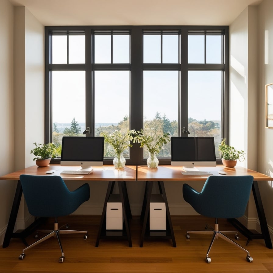 Tandem Desks Along a Window, Dual Desk Setup