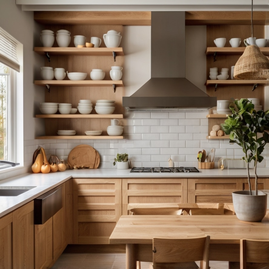 Embrace Open Shelving in oak kitchen
