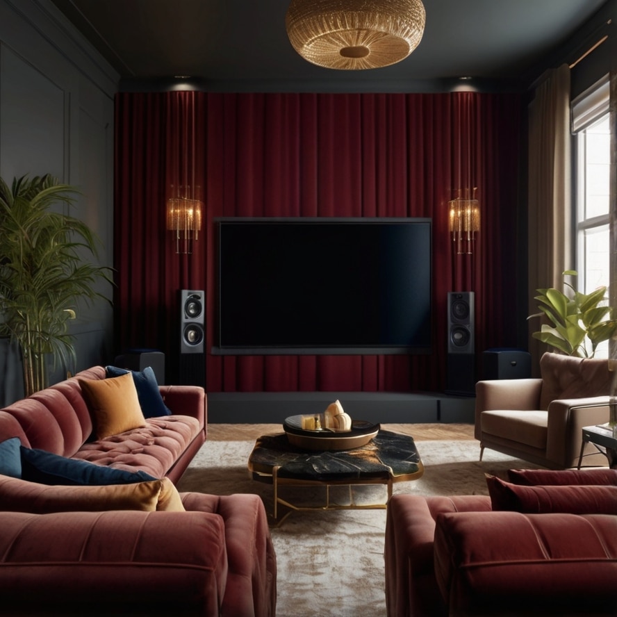 1. Velvet Drapes and Sound Magic in living room home theater