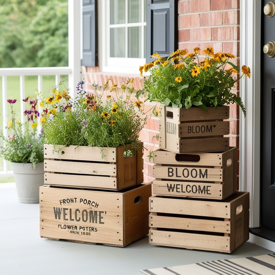 9. Rustic Wooden Crate Planters