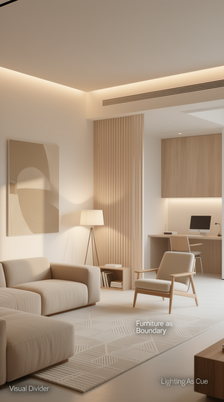 A grid of four minimalist room vignettes, each showcasing a different simple flooring option: polished concrete, light oak, matte terrazzo, and white-washed pine. Each room follows a similar layout—neutral sofa, single coffee table—but the floors drastically affect the room’s character. Labels identify material and finish. The lighting is consistent, showing how flooring choice alone can define a minimalist aesthetic without needing bold design statements.