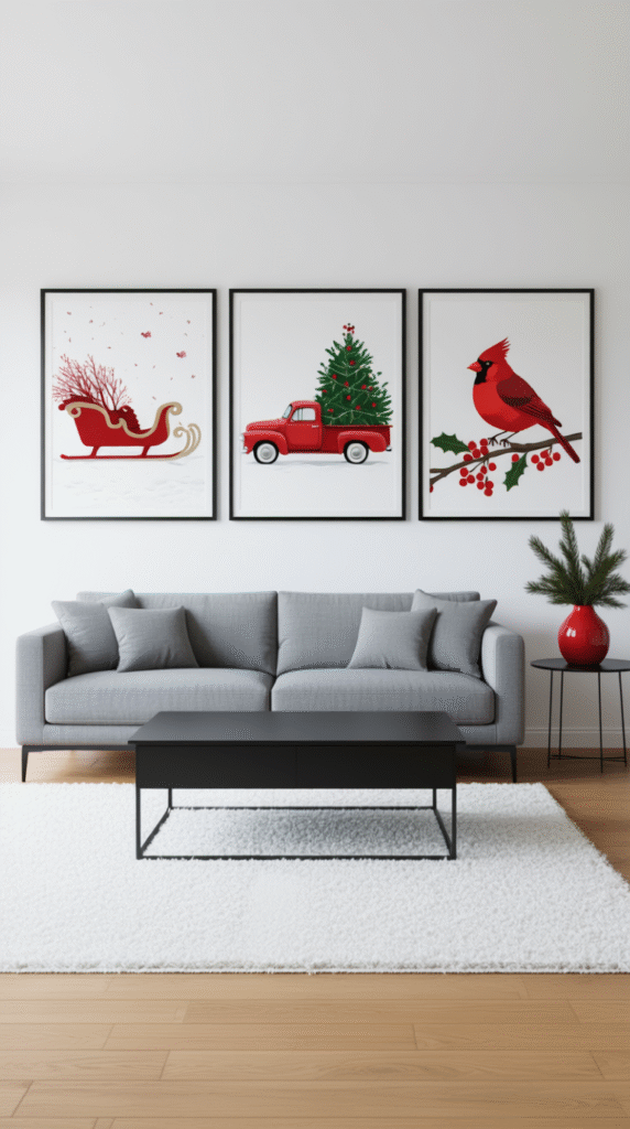 Red Wall Art Featuring Christmas Themes